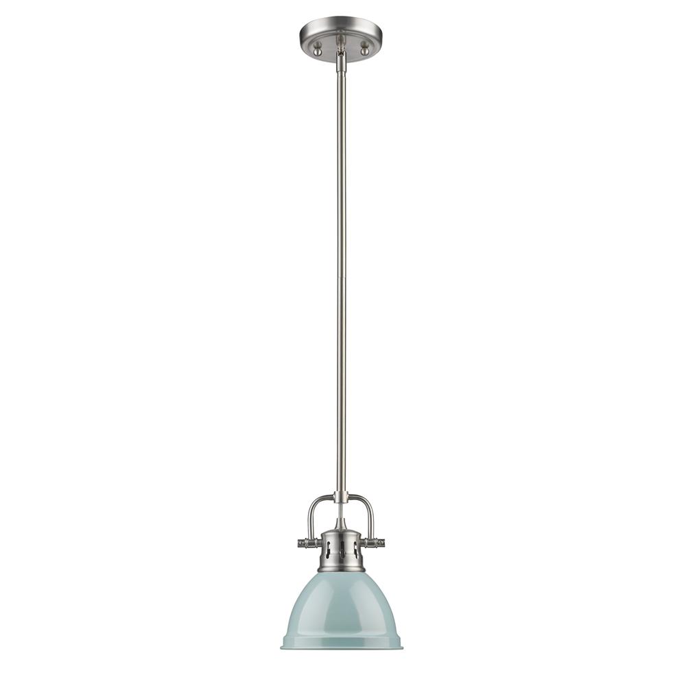 Golden Lighting 3604-M1L PW-SF Duncan Mini Pendant with Rod in Pewter with Seafoam Shade